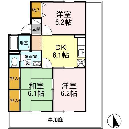 ルミエール楡木 B棟(3DK/1階)の間取り写真