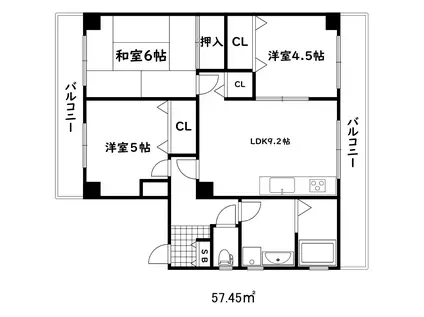 カリン板宿(3LDK/3階)の間取り写真