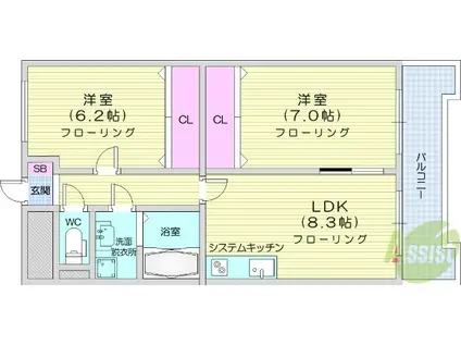 ウェルステージ丸浩 弐番館(2LDK/6階)の間取り写真