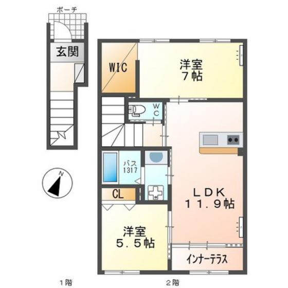 カーサ牛田本町(2LDK/2階)の間取り写真