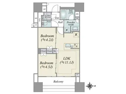 ブリリアタワー八王子(2LDK/7階)の間取り写真