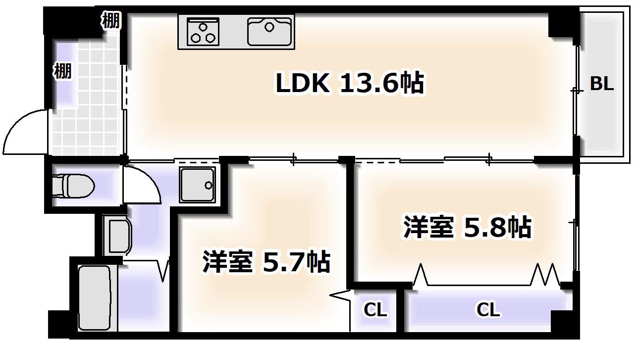 北堀江コーポ(2LDK/1階)の間取り写真