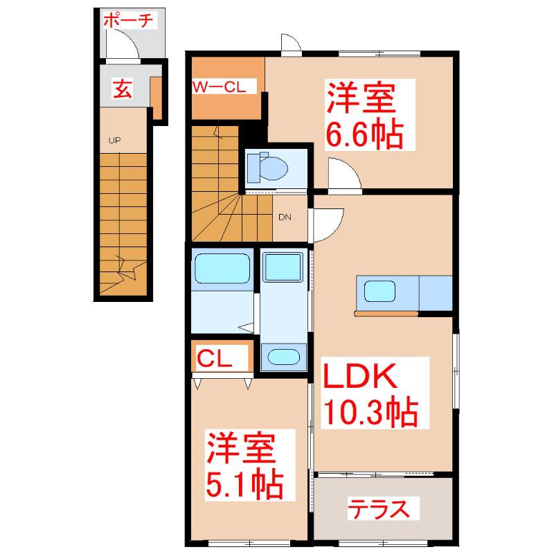 鹿児島県鹿児島市 2階建 築6年(2LDK/2階)の間取り写真