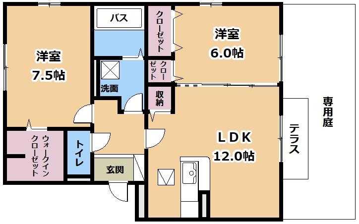 レークタウンB棟(2LDK/1階)の間取り写真