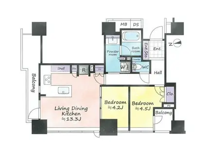 ライオンズタワー目黒川(2LDK/3階)の間取り写真