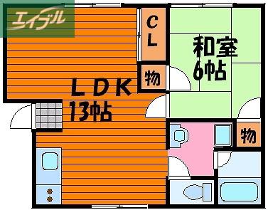 レインボーハイツ今 B棟(1LDK/2階)の間取り写真