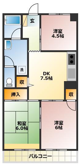 パークハイツ岡野(3DK/4階)の間取り写真