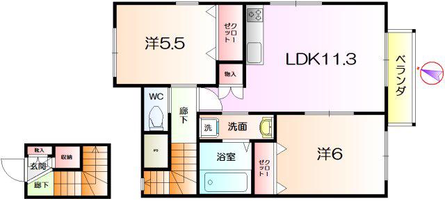 ヘーベル向ヶ丘II(2LDK/2階)の間取り写真