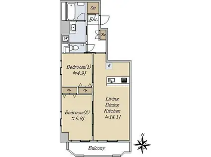 モンテヴェルデ神楽坂弐番館(2LDK/4階)の間取り写真