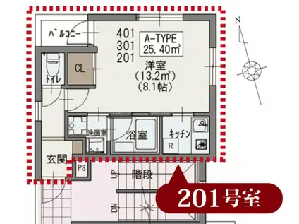 パルゼ立川錦町(1K/2階)の間取り写真