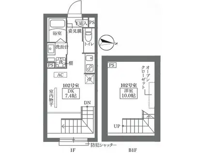 COCOCUBE鵜の木(1DK/1階)の間取り写真