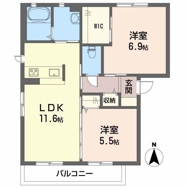 クレセオ森 B棟(2LDK/2階)の間取り写真