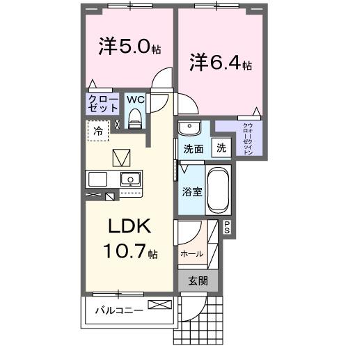 ウエストアヴェニュー行橋(2LDK/1階)の間取り写真