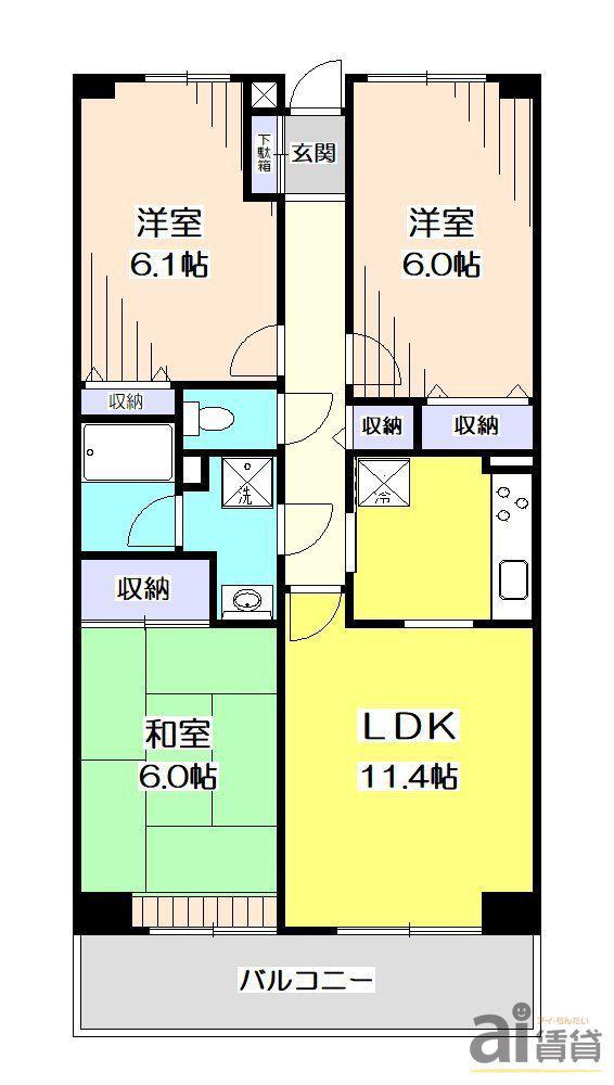 エステスクエア所沢(3LDK/4階)の間取り写真