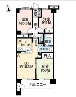 メイツ調布多摩川(3LDK/4階)の間取り写真
