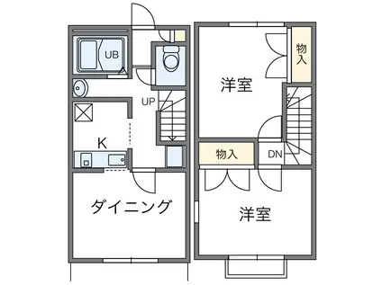 近鉄大阪線 高安駅 徒歩5分 2階建 築27年(2DK/1階)の間取り写真