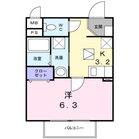 ソレイユ厚木(1K/1階)の間取り写真