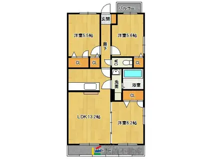 ハピネス筑紫駅前(3LDK/3階)の間取り写真