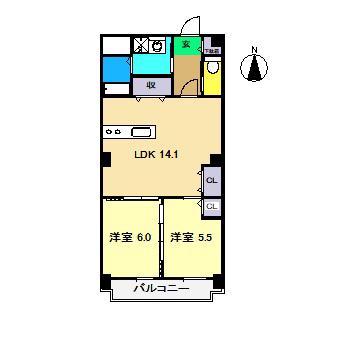 ローズビル上町(2LDK/5階)の間取り写真