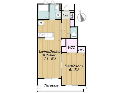 ルフレ用賀B棟(1LDK/1階)の間取り写真