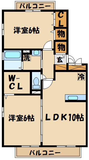 ベルジュノー是政(2LDK/1階)の間取り写真