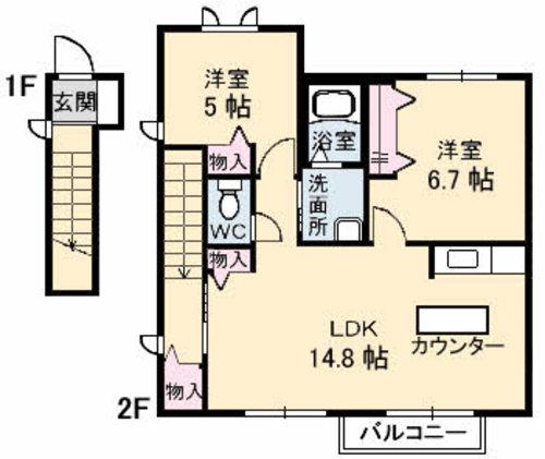 ブランシェ野原A(2LDK/2階)の間取り写真