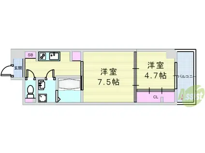 天満橋ケルスコートPARKVIEW(1LDK/7階)の間取り写真