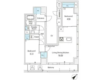 オリエンタル横山町(2LDK/10階)の間取り写真