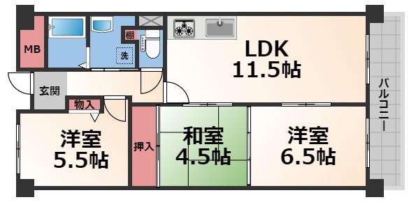 アンドユーイワキ東大阪(3LDK/8階)の間取り写真