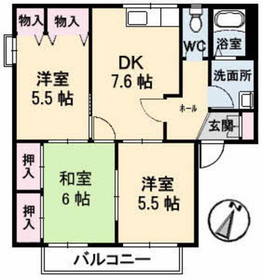 ディアスTANAKA B棟(3DK/1階)の間取り写真