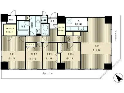 トレステージ目黒(4LDK/16階)の間取り写真