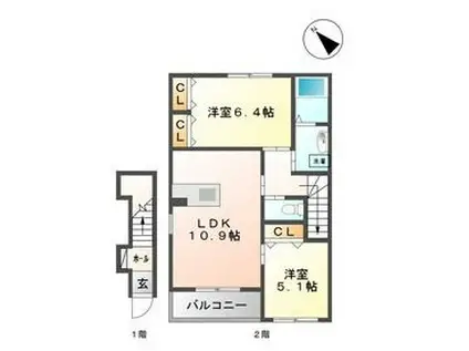 エタンデュ(2LDK/2階)の間取り写真