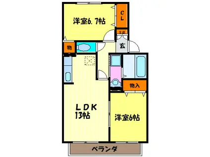 セジュールハピネスA棟(2LDK/2階)の間取り写真