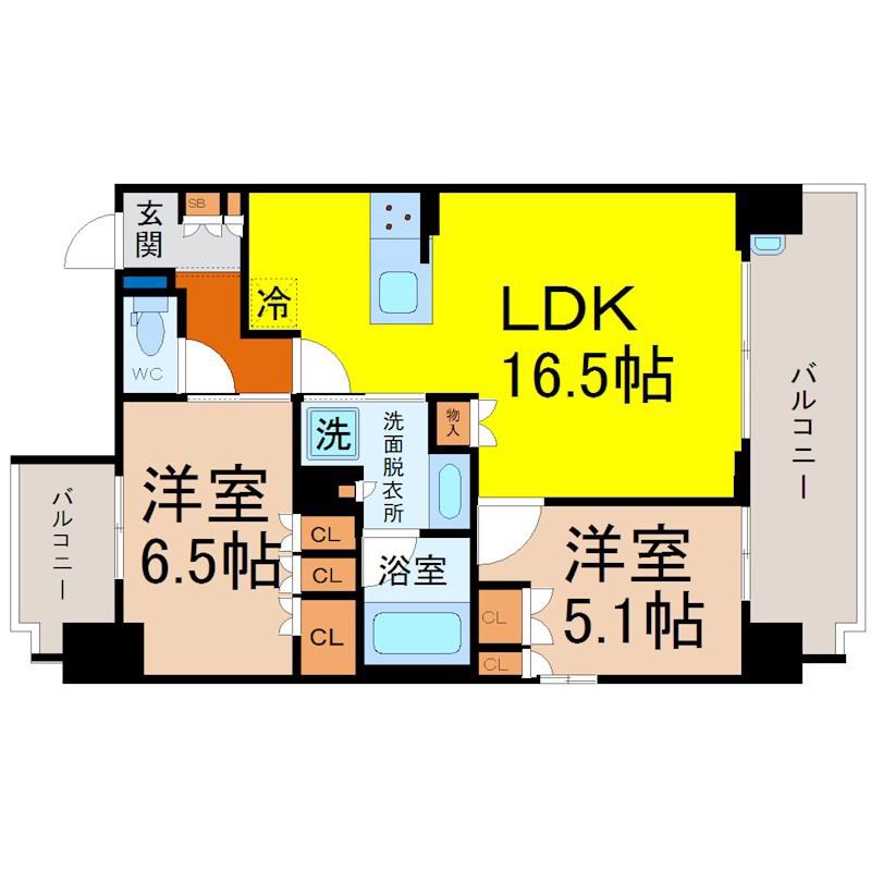グランパセオ名駅那古野(2LDK/3階)の間取り写真