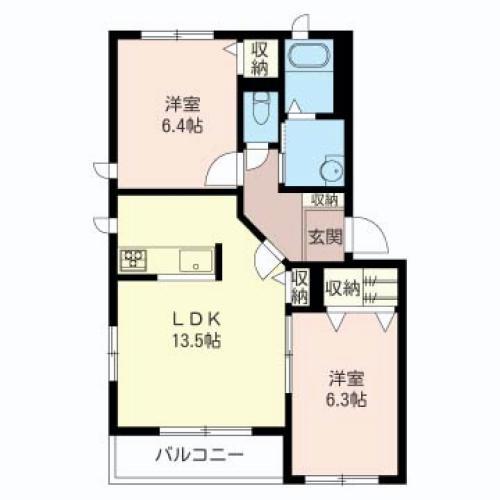 カーサティダーB(2LDK/1階)の間取り写真