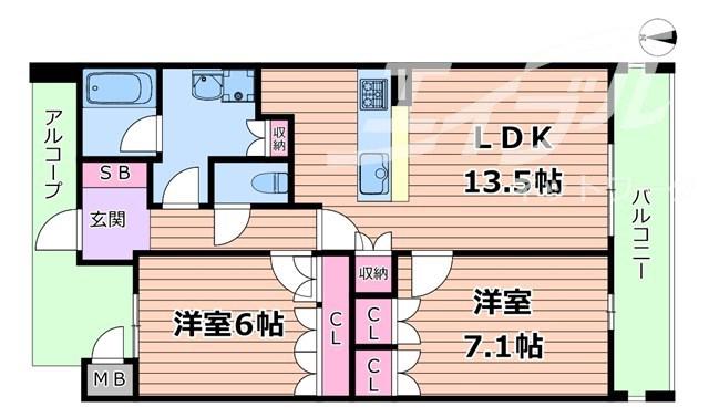 ネバーランド神崎川ナチュリア(2LDK/9階)の間取り写真