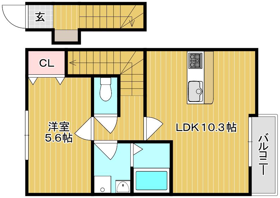 COCORU東畦 B棟(1LDK/2階)の間取り写真