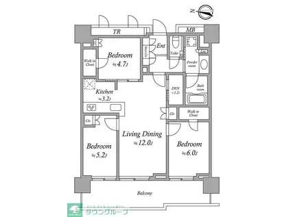 プラウドタワー亀戸クロスゲートタワー棟(3LDK/7階)の間取り写真