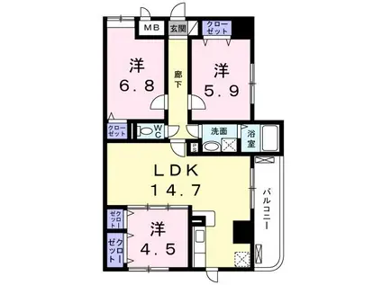 ディアコート木太(3LDK/9階)の間取り写真