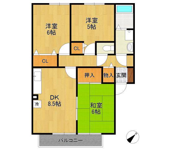 グランパルク向井B棟(3DK/2階)の間取り写真