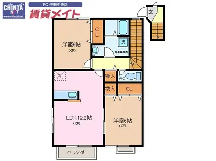 カーサ・ビエントD棟(2LDK/2階)の間取り写真