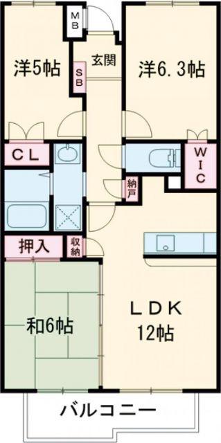 木津南パークサイドヴィレッヂ(3LDK/5階)の間取り写真