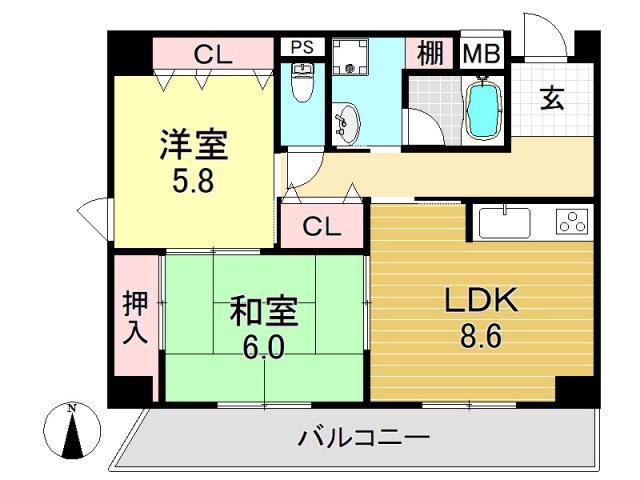 ラフィーネ喜連(2LDK/4階)の間取り写真