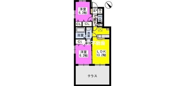 ステラ若草B棟(2LDK/1階)の間取り写真