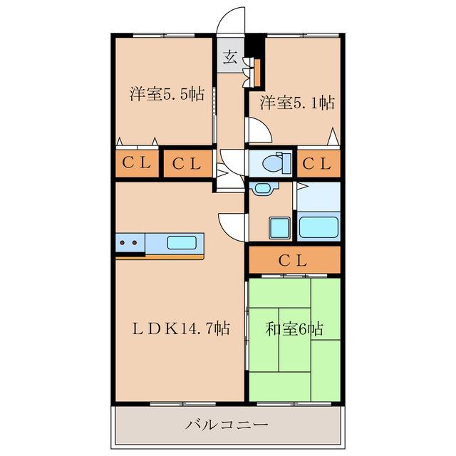 ボンジュールUN(3LDK/3階)の間取り写真