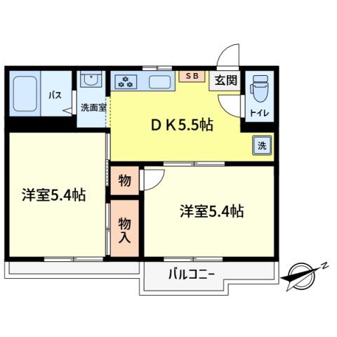 アシェンダハウスB(2DK/2階)の間取り写真