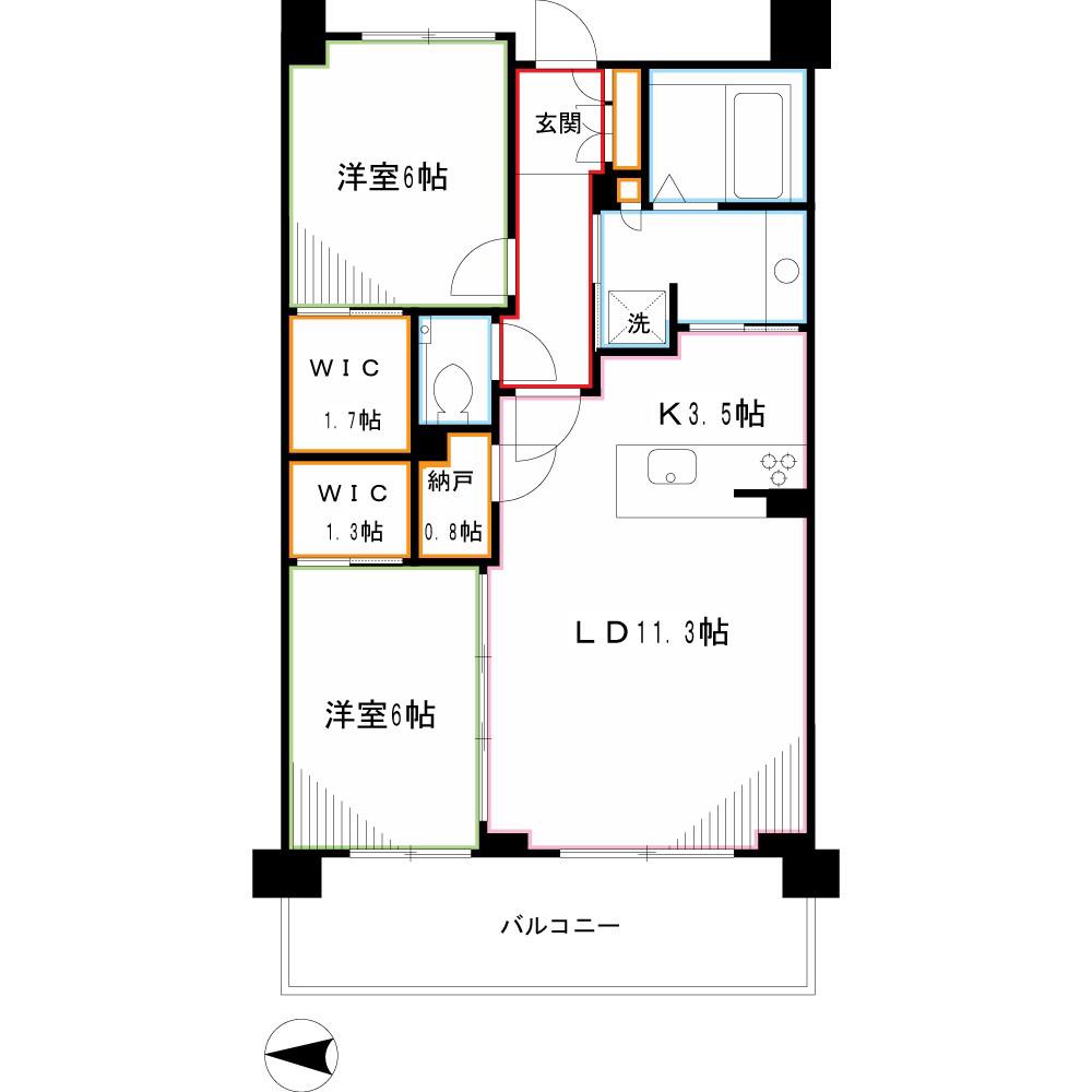 BELISTA三鷹下連雀壱番館(2LDK/6階)の間取り写真