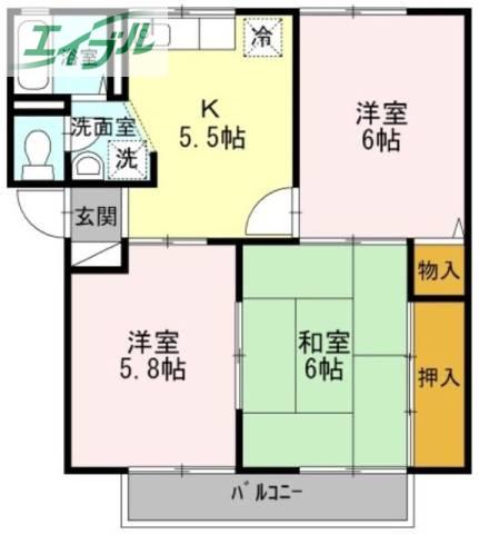 プレジール小野F棟(3K/2階)の間取り写真