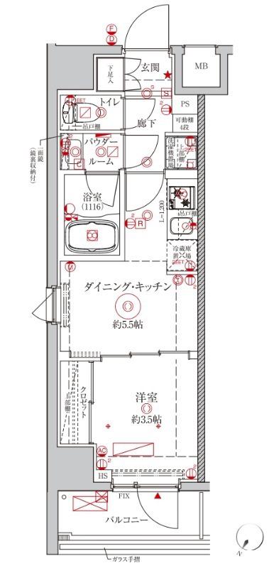 クレイシアアイズ川崎ザ・テラス(1DK/2階)の間取り写真