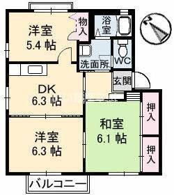 ハイツ楓 B棟(3DK/2階)の間取り写真